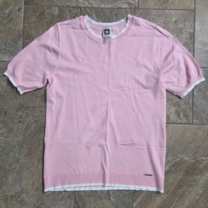 Anne Klein Cute Pink Short Sleeve Sweater White Trim Crew Neck Knit Top‎ Size M